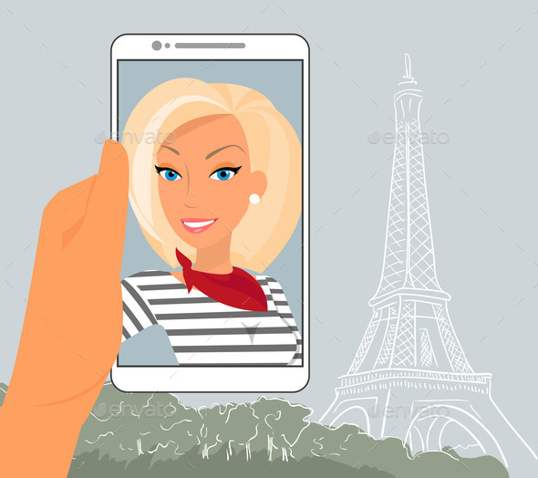 Blond woman is showing her photo in Paris displayed in smartphone (Misc) Photo Download