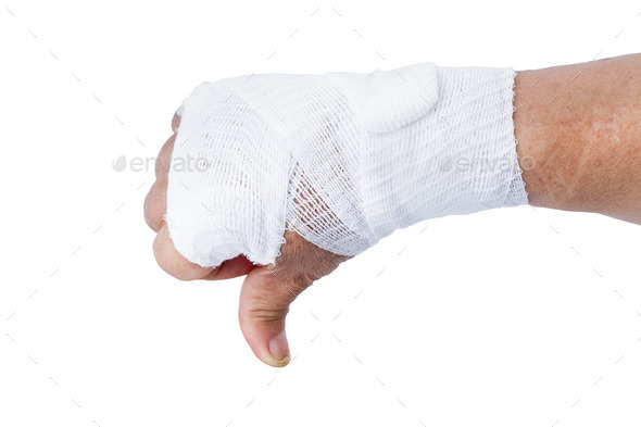 Thumb down showing by hand with white bandages isolated (Misc) Photo Download