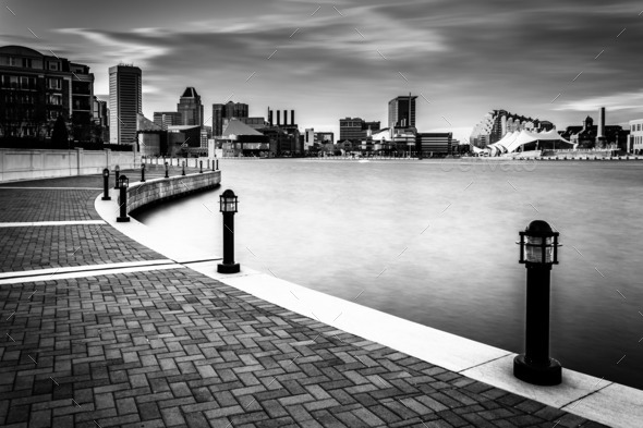 Long exposure of the skyline and Waterfront Promenade in Baltimo