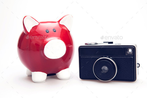 Red piggy bank with retro camera (Misc) Photo Download