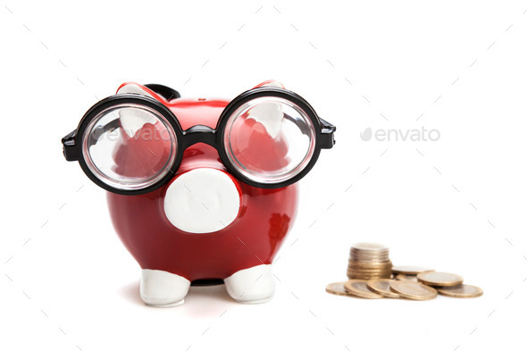 Piggy bank with glasses and coins (Misc) Photo Download