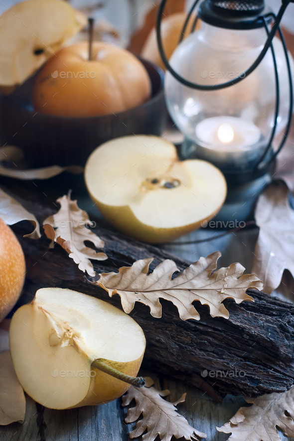 Asian pears, lantern and fall leaves (Misc) Photo Download