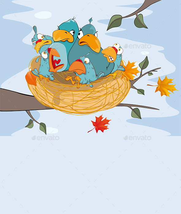 Birds with Her Four Babies in a Nest Cartoon (Animals)