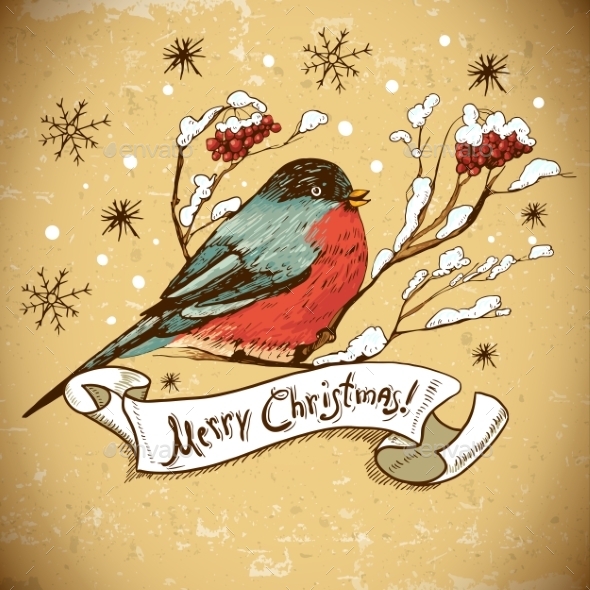 Christmas Greeting Card with Bullfinches