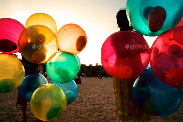 Girl on Beach with Colorful Balloons (Misc) Photo Download