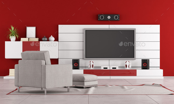 Red living room with TV (Misc) Photo Download