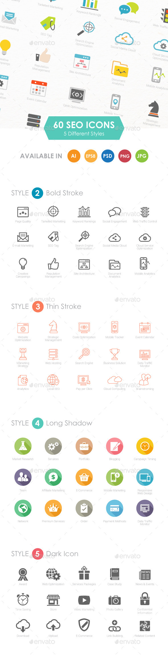 Set of 5 Styles SEO and Development Icons Vector (Icons)