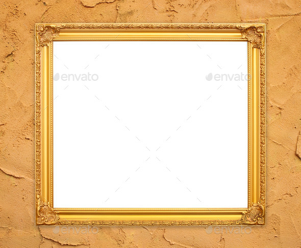 blank golden frame on whtie cement wall