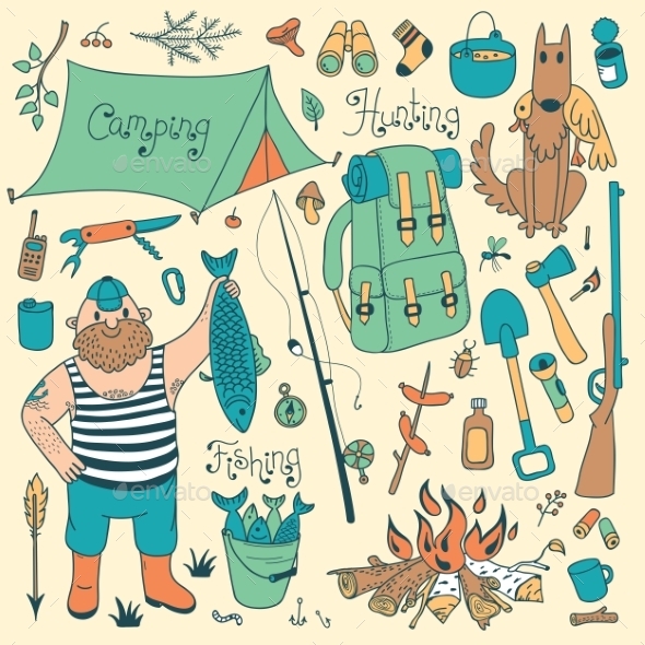 GraphicRiver Fishing hunting and Camping Set 8983993 GraphicRiver Fishing hunting and Camping Set 8983993