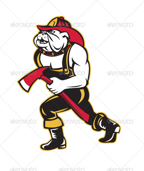 Bulldog Dog Fireman With Axe Walking Cartoon Bulldog Dog Fireman With Axe Walking Cartoon
