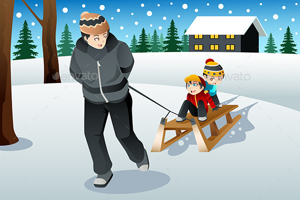GraphicRiver Father Pulling His Sons Riding on a Sled 9000597 GraphicRiver Father Pulling His Sons Riding on a Sled 9000597