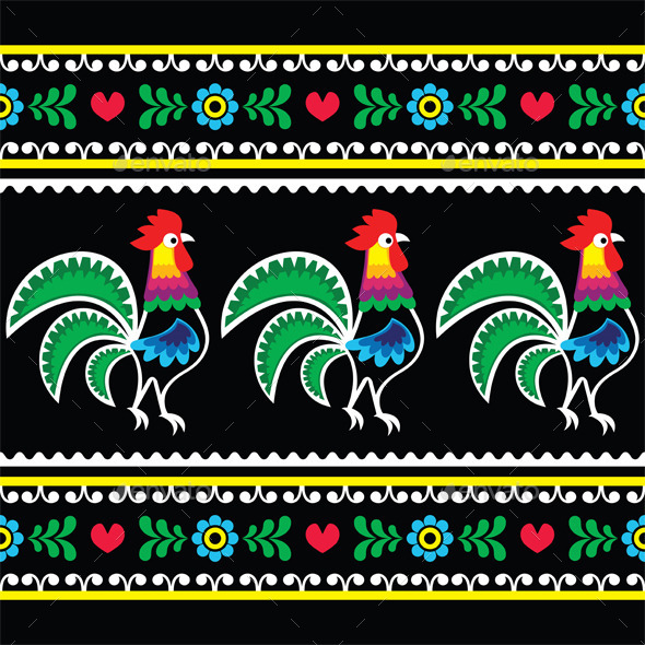 GraphicRiver Polish Folk Art Pattern with Roosters on Black 9003433 GraphicRiver Polish Folk Art Pattern with Roosters on Black 9003433