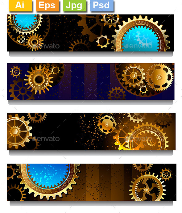 Four Banners with Gears (Web Elements)