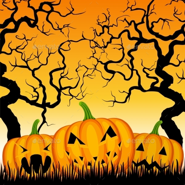  Three Pumpkins and Trees (Halloween)