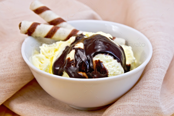Ice cream vanilla with waffles on napkin (Misc) Photo Download