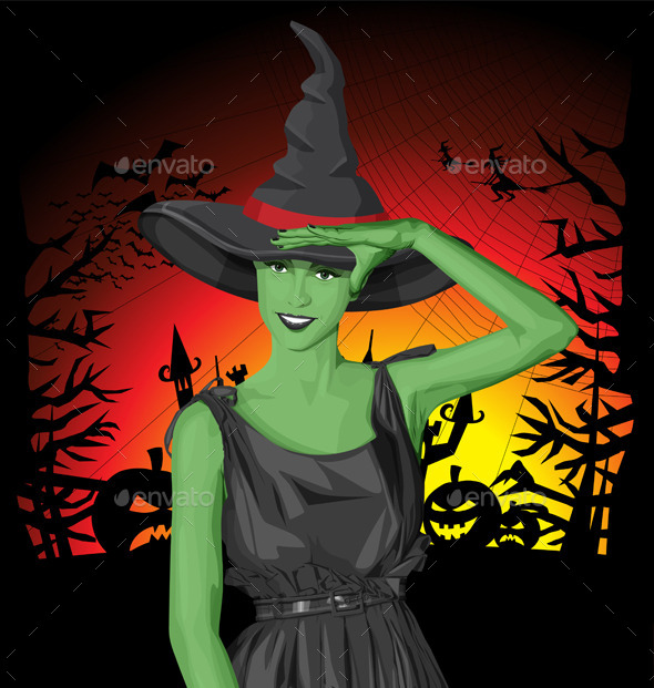 GraphicRiver Green Witch Woman with Hat on Halloween 9055917 GraphicRiver Green Witch Woman with Hat on Halloween 9055917