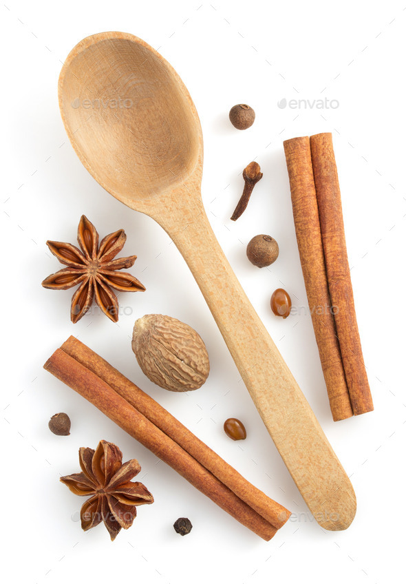 cinnamon sticks, anise star and nutmeg on white (Misc) Photo Download