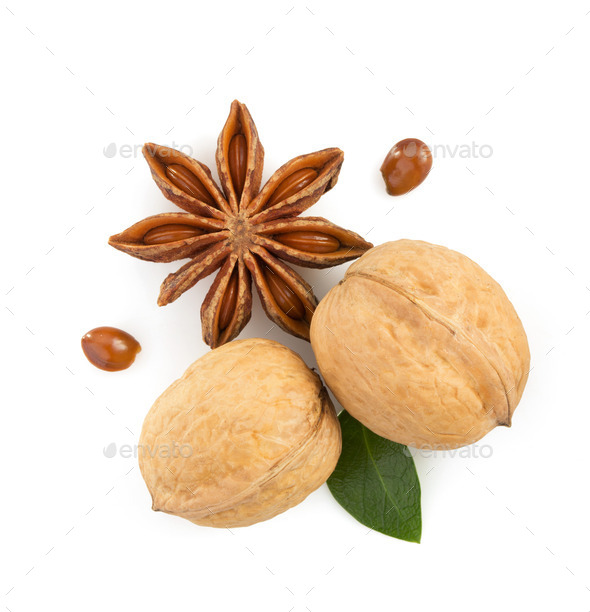 walnuts and anise star on white (Misc) Photo Download