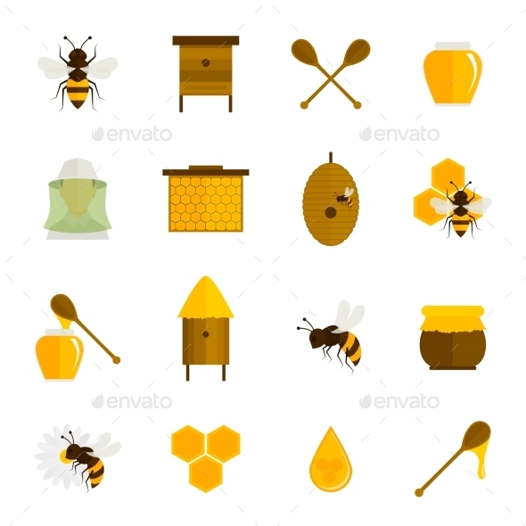 Bee Honey Icons Flat Set