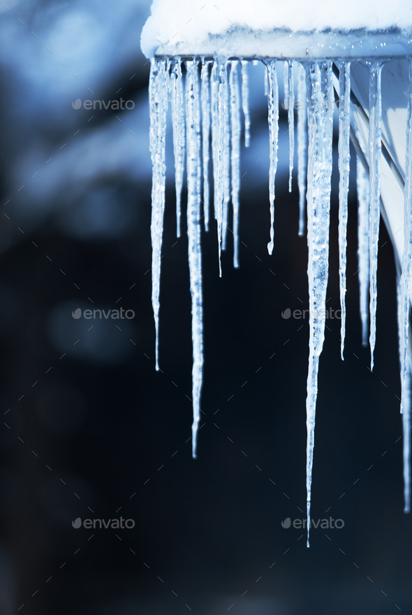 Icicles in cold blue light shining in the darkness at night