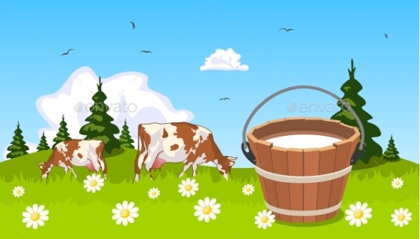 GraphicRiver Cow on Meadow with Bucket of Milk in the Foreground 9098550 GraphicRiver Cow on Meadow with Bucket of Milk in the Foreground 9098550