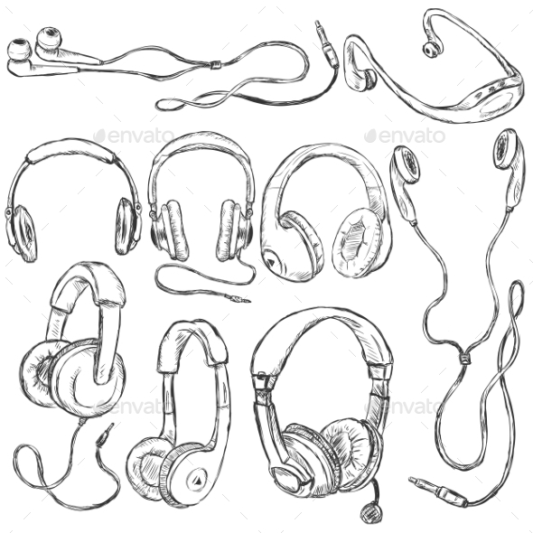 Vector Set of Sketch Headphones (Technology)