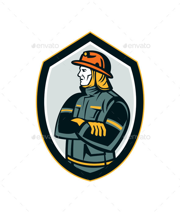 Fireman Firefighter Arms Folded Shield Retro (People)