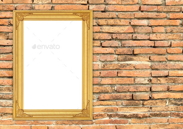blank golden frame on brick stone wall