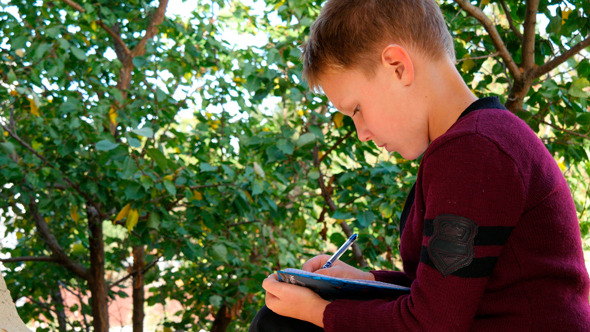 Boy Sitting On Bench Near Trees And Writing 4 Boy Sitting On Bench Near Trees And Writing 4