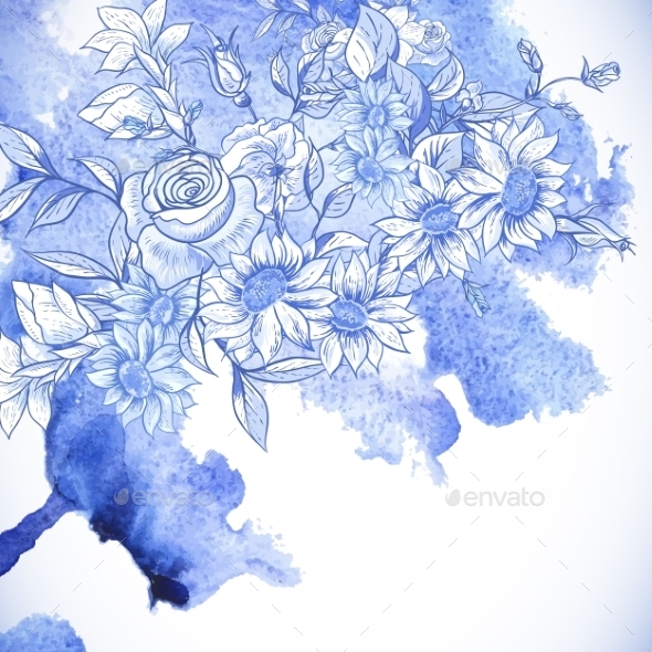Vintage Blue Greeting Card with Flowers Vintage Blue Greeting Card with Flowers