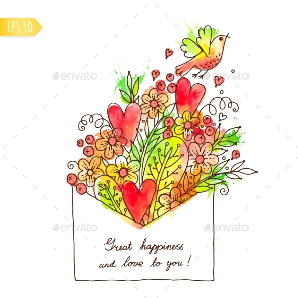 Greeting Card with Hearts, Bird and Flowers (Valentines)