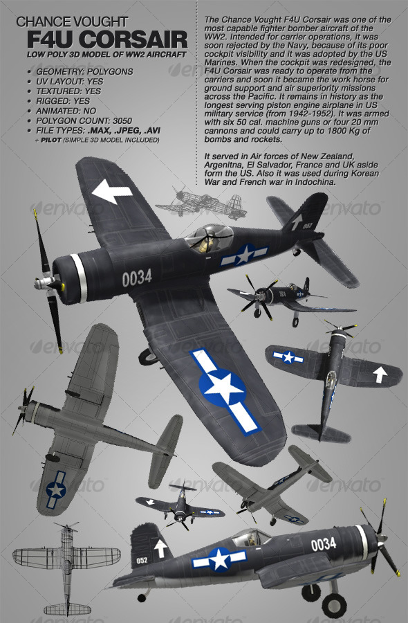 Chance Vought F4U Corsair rigged 3Ds WW2 aircraft - 3DOcean Item for Sale