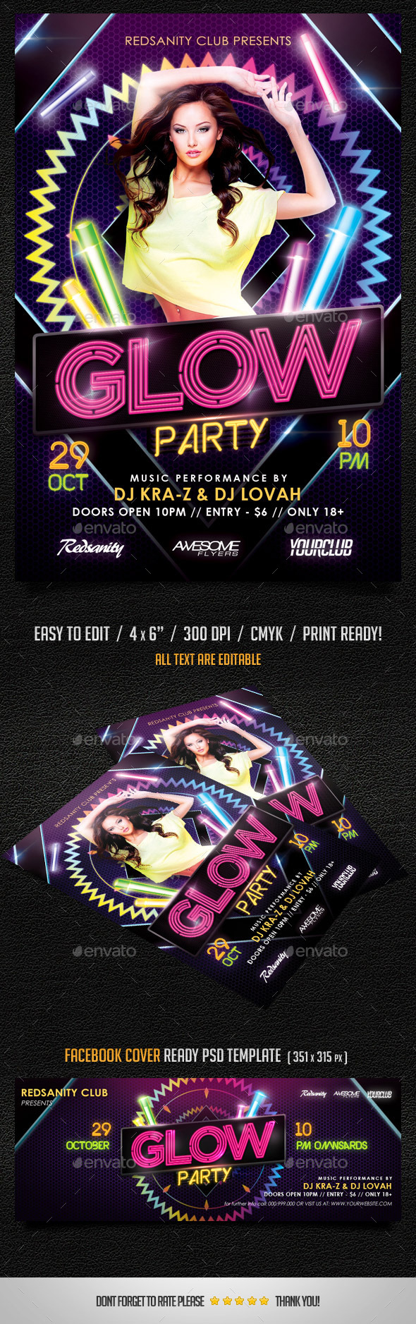 Glow Party Flyer plus FB Cover (Clubs & Parties)