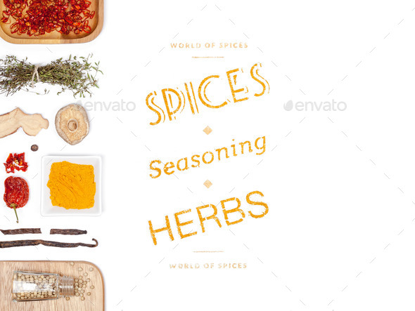 different spices and herbs on white background. top view (Misc) Photo Download