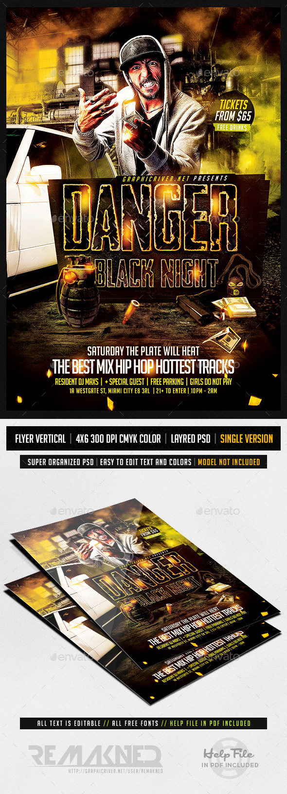 Danger Black Night Hip Hop | Flyer Template PSD (Clubs & Parties)