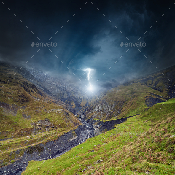 Small mountain river, dark stormy sky with lightning - Stock Image -  Everypixel