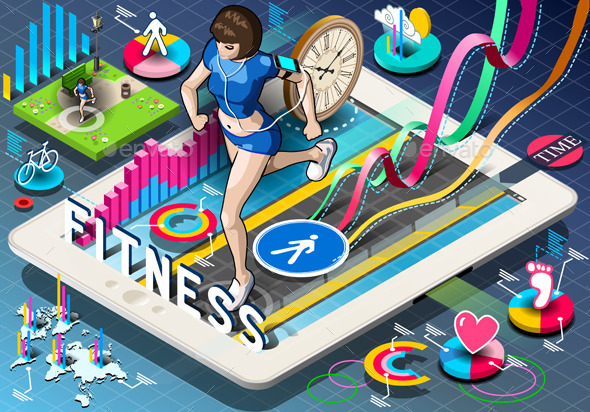 GraphicRiver Isometric Infographic with Jogging Woman on Tablet 9185627 GraphicRiver Isometric Infographic with Jogging Woman on Tablet 9185627