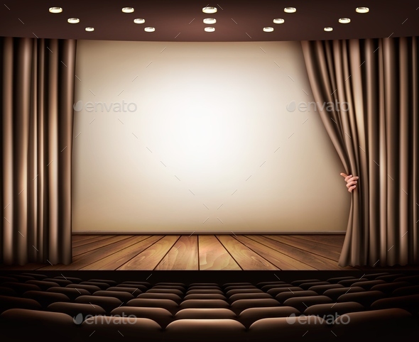 Cinema with white screen, curtain and seats.