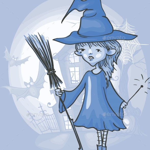 GraphicRiver Witch Girl With Bat And Broom 9213546 GraphicRiver Witch Girl With Bat And Broom 9213546