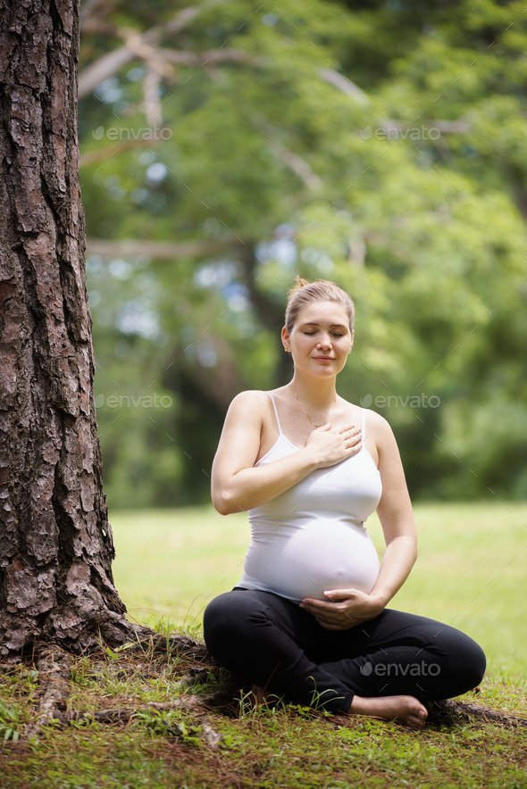 pregnant woman belly yoga meditating tree park (Misc) Photo Download