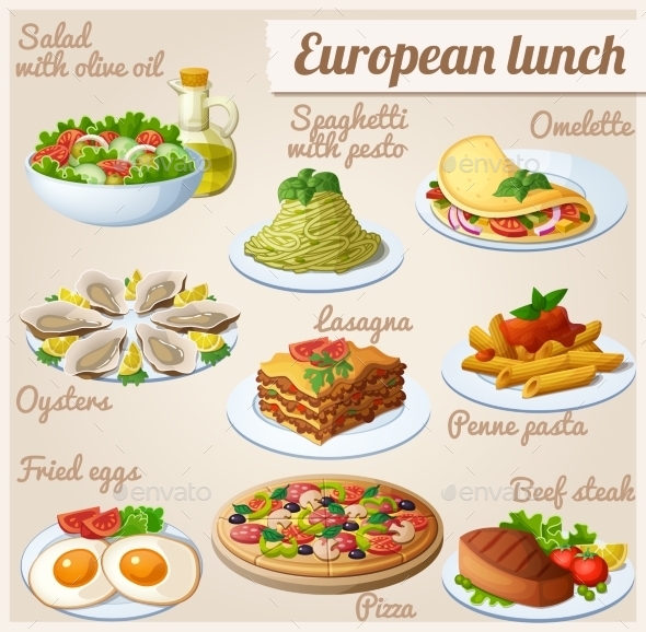 Set of Food Icons. European Lunch (Food)