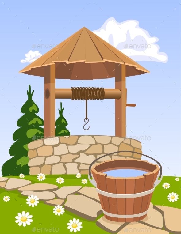 Old Wooden Well and Bucket of Water Old Wooden Well and Bucket of Water