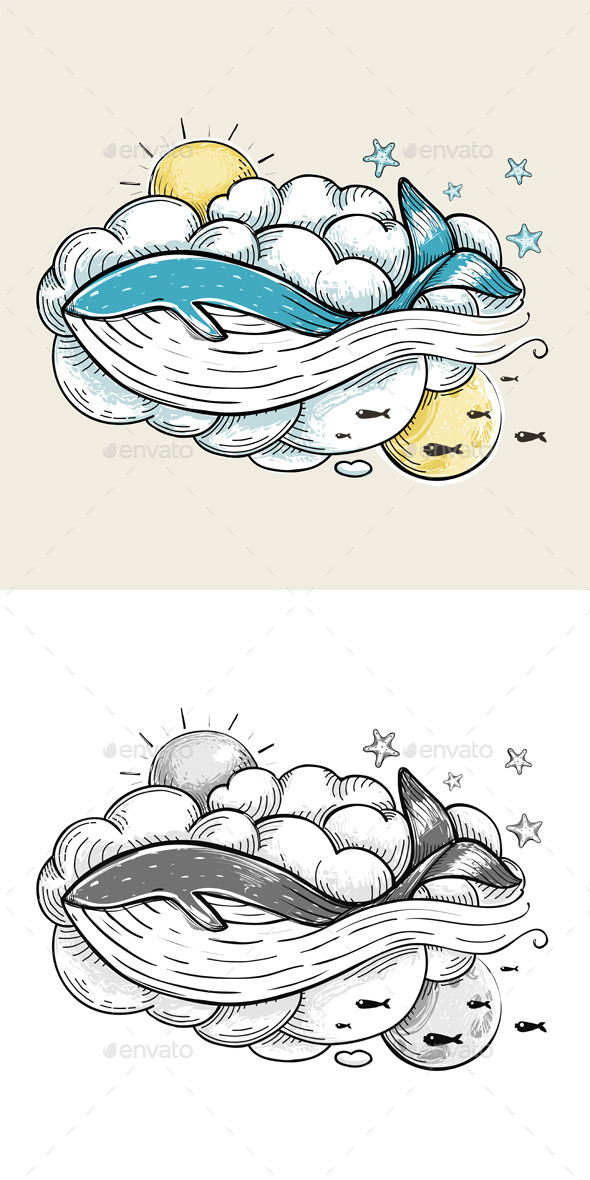GraphicRiver Romantic Whale Swimming in Clouds Retro Design 9257357 GraphicRiver Romantic Whale Swimming in Clouds Retro Design 9257357