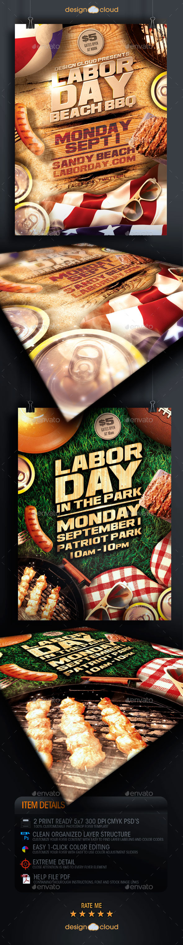 Labor Day Beach and Park Party Flyer Template Duo Labor Day Beach and Park Party Flyer Template Duo
