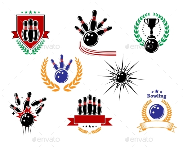 Set of Colored Bowling Emblems and Badges Set of Colored Bowling Emblems and Badges