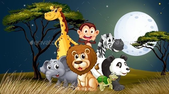 Animals in Moonlight Landscape (Animals)