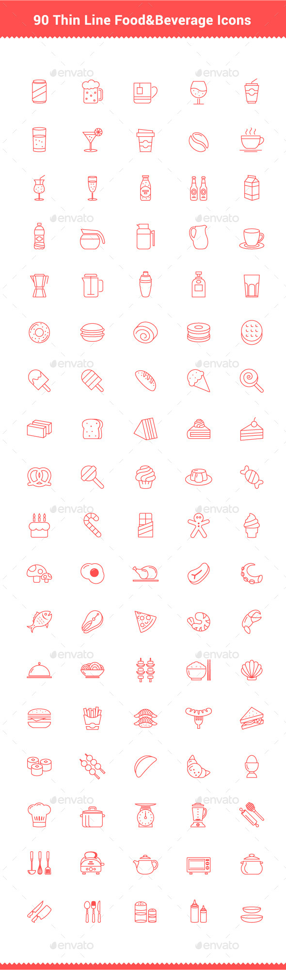 90 Thin Line Stroke Food and Beverage Icons 90 Thin Line Stroke Food and Beverage Icons