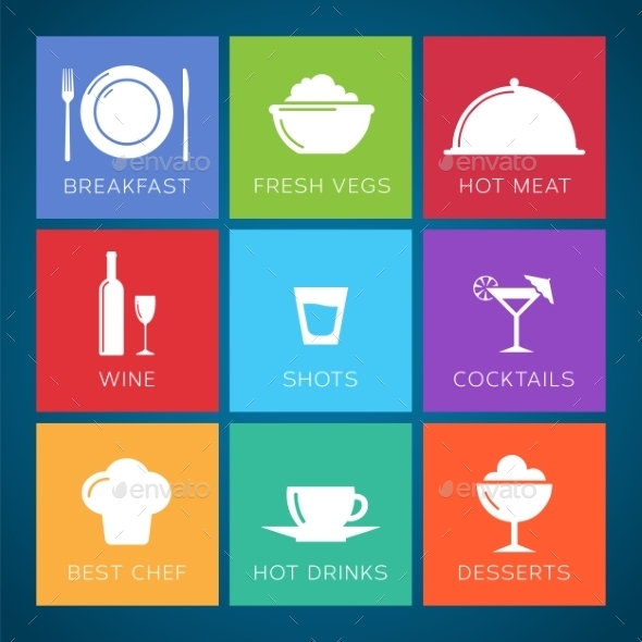 Bar and Restaurant Flat Style Vector Icon Set (Food)