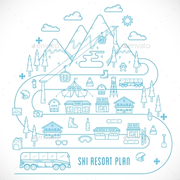 Line Style Vector Ski Resort Vacation Illustration Line Style Vector Ski Resort Vacation Illustration