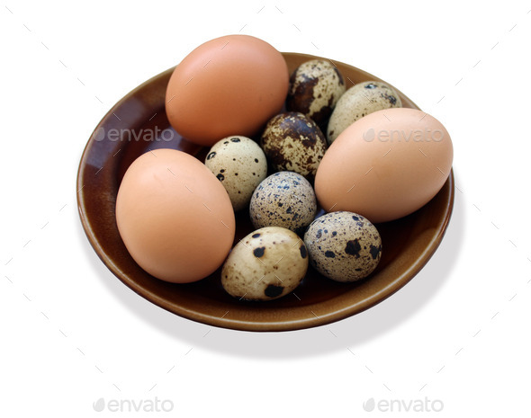 eggs of the quail and three of the hen on the plate isolated (Misc) Photo Download